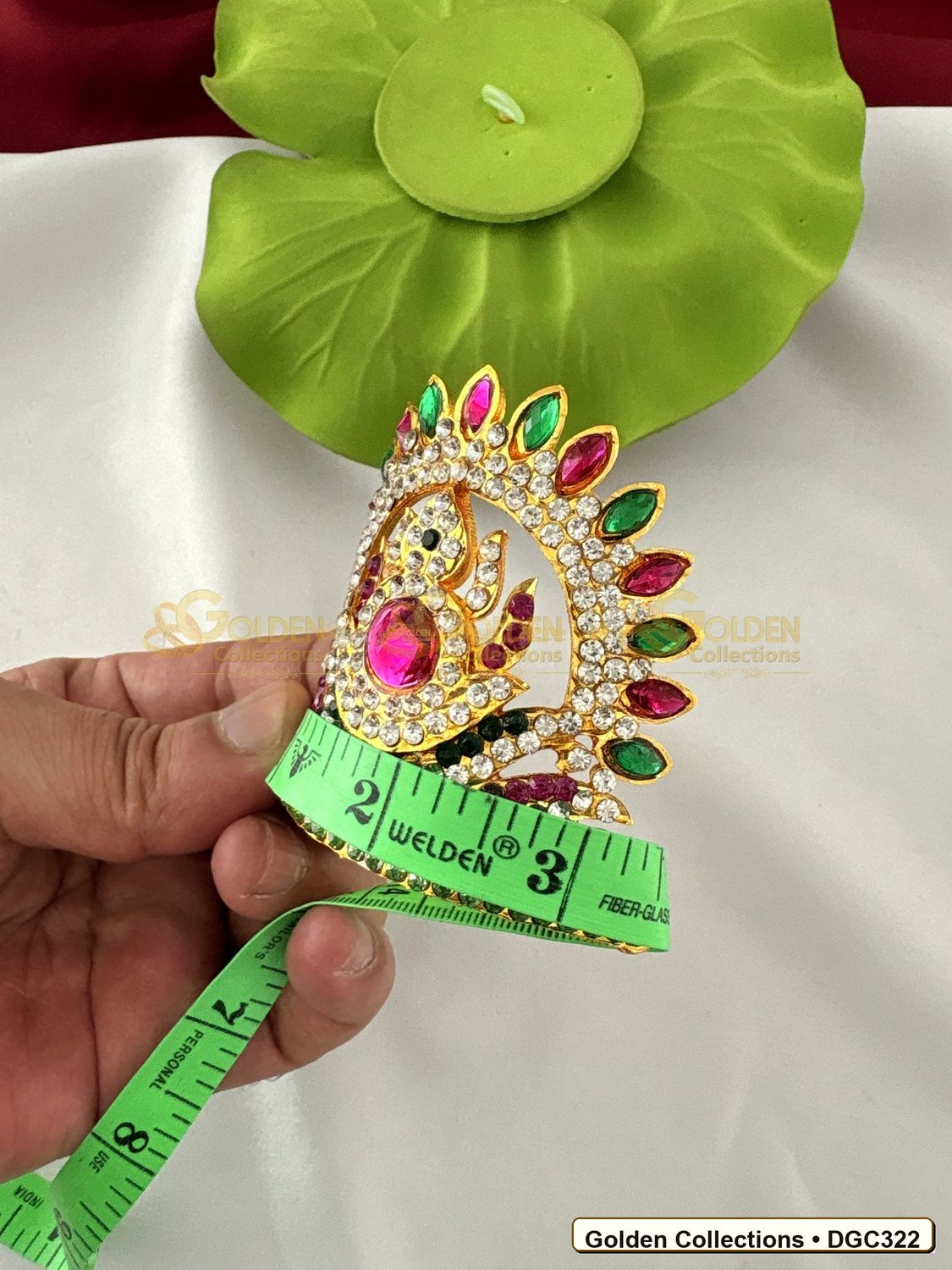Side view of Small Round Arch Deity Crown Kireedam Pink Green Stones 2.5 x 3.5 x 2.5 inches DGC322 from Golden Collections