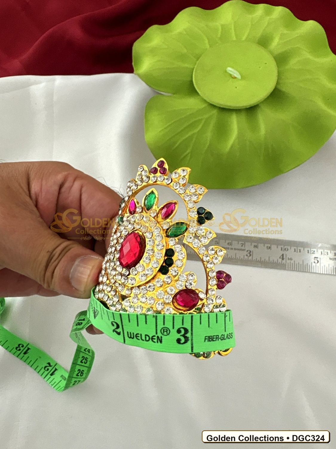 Side view of Small Floral Arch Deity Crown Mukut Pink Green Stones 2.5 x 3.75 x 2.5 inches DGC324 from Golden Collections