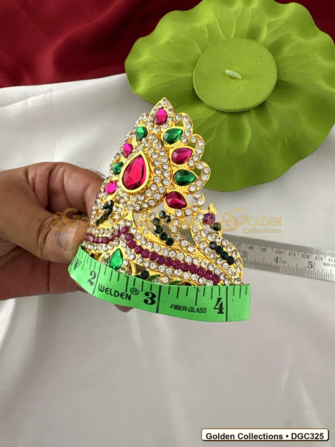 Side view of Small Triangle Deity Crown Kireedam Pink Green Stones 3 x 4.25 x 3 inches DGC325 from Golden Collections