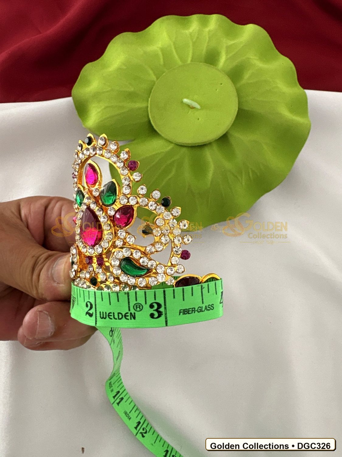 Side view of Small Lotus Arch Deity Crown Mukut Pink Green Stones 2.5 x 4 x 2.5 inches DGC326 from Golden Collections