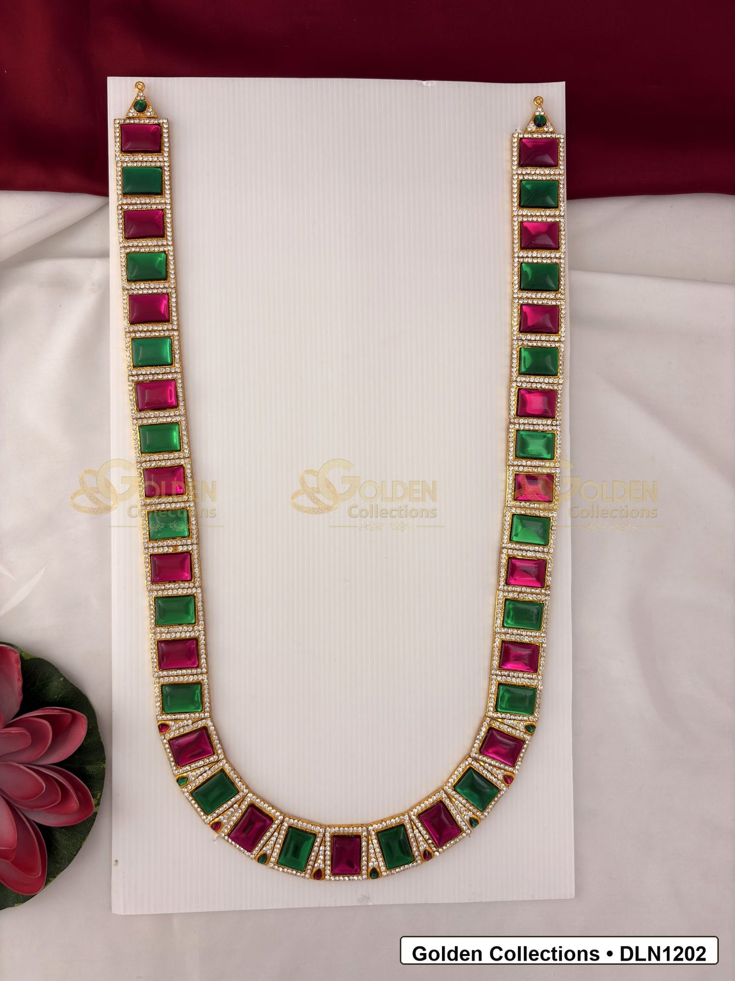 Front view of Single Layer Deity Haram with Multicolor Stones for Idols showing gold-plated deity haram styling with multicolor stone work