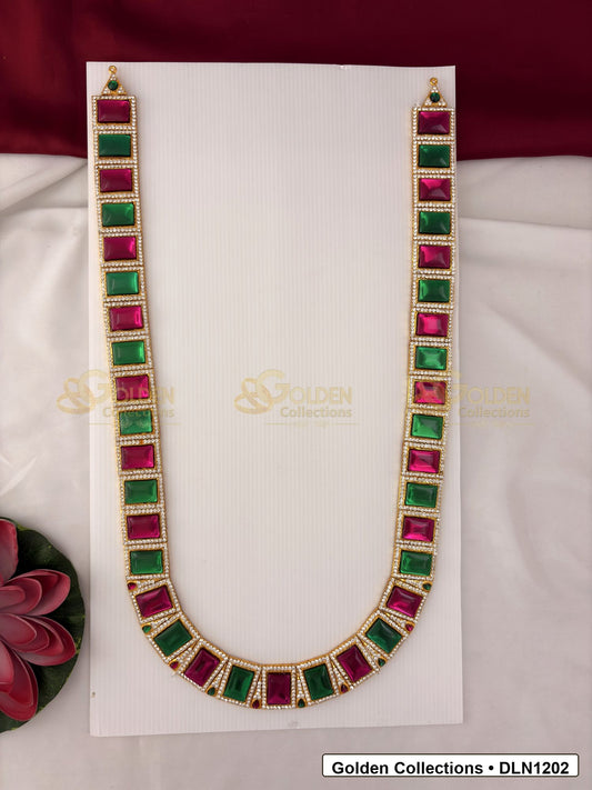 Front view of Single Layer Deity Haram with Multicolor Stones for Idols showing gold-plated deity haram styling with multicolor stone work