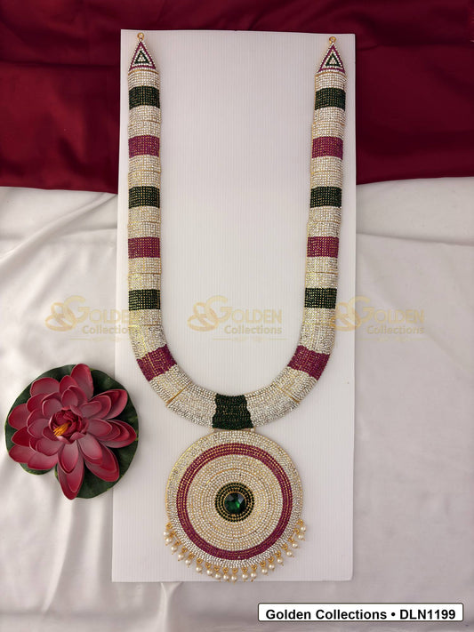 Front view of Single Step Deity Long Haram with Multicolor Stones for Idols showing gold-plated deity haram styling with multicolor stone work