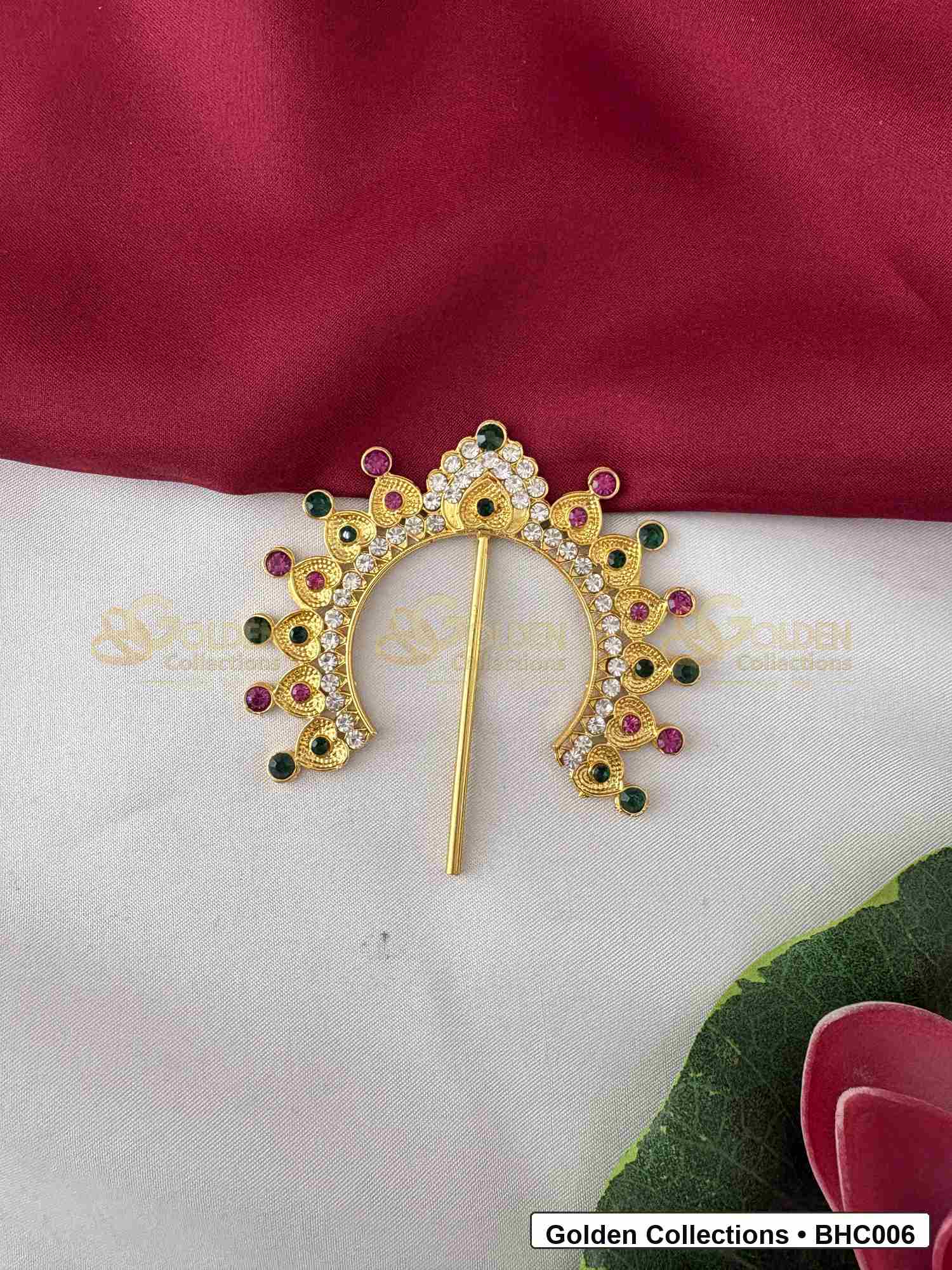 Front view of Slim Bharatanatyam Hair Crown for Dance Costume for Bharatanatyam dance hairstyle styling