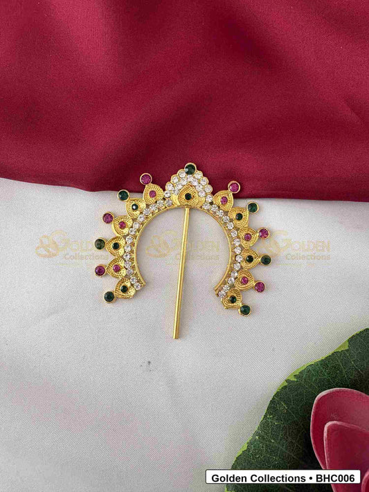 Front view of Slim Bharatanatyam Hair Crown for Dance Costume for Bharatanatyam dance hairstyle styling