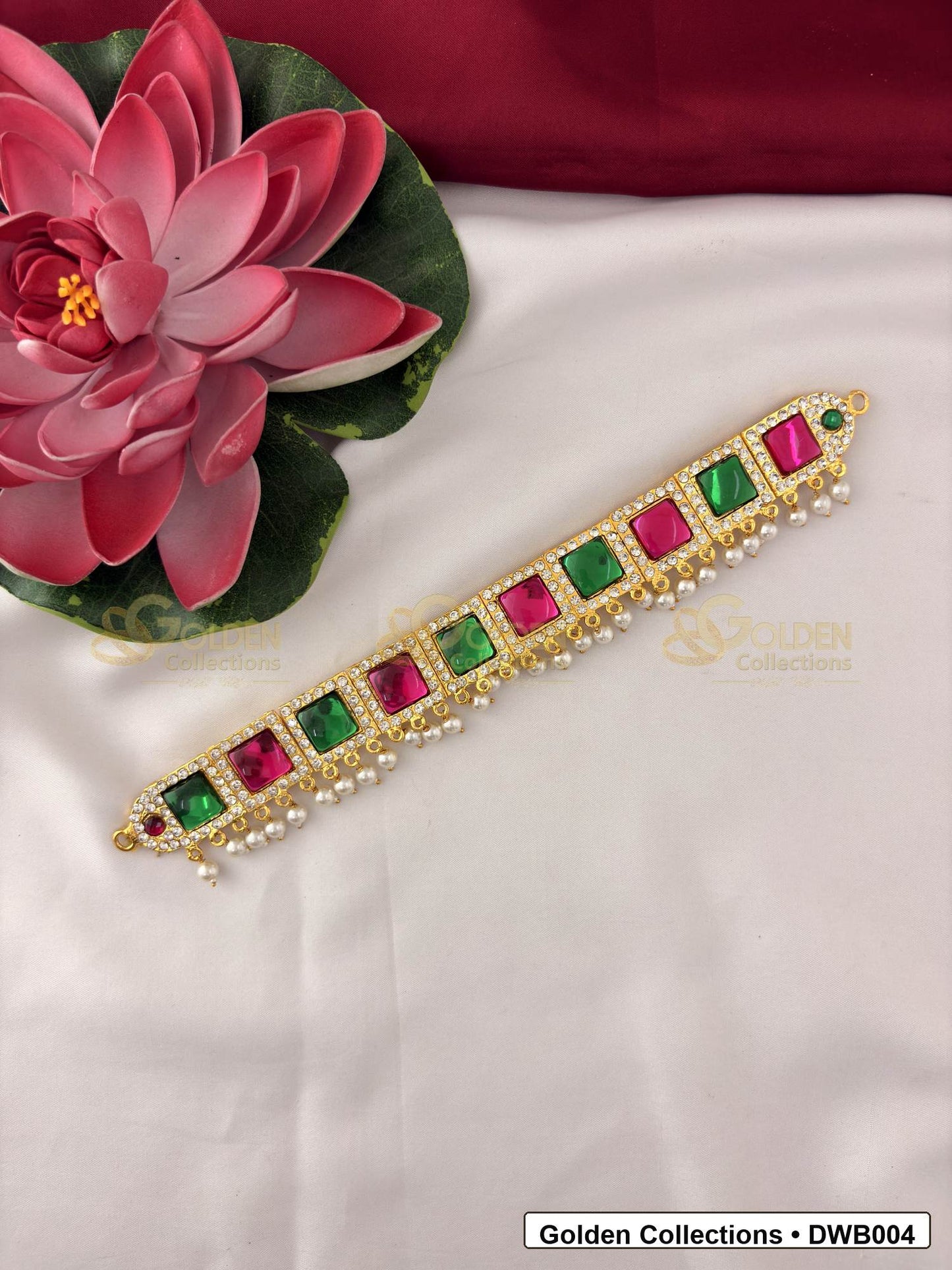 Front view of Slim Deity Waist Belt Vaddanam for Idols showing gold-plated vaddanam-style waist belt design with stone detailing