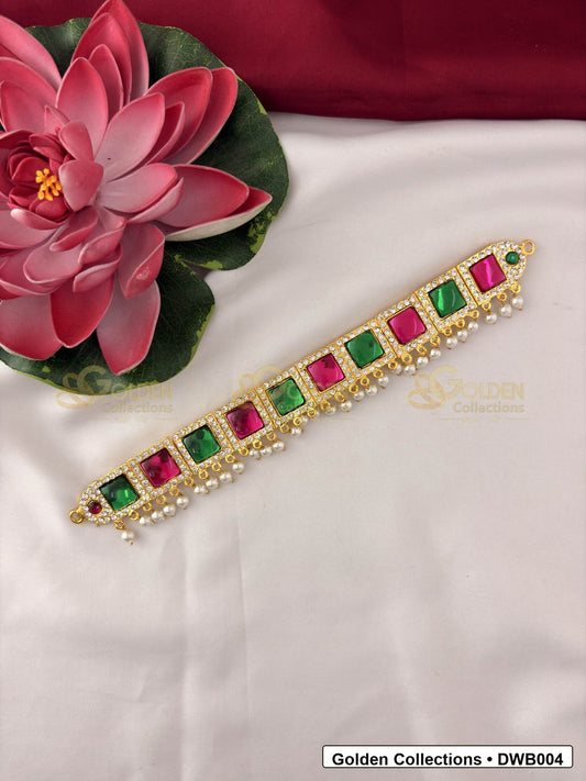 Front view of Slim Deity Waist Belt Vaddanam for Idols showing gold-plated vaddanam-style waist belt design with stone detailing