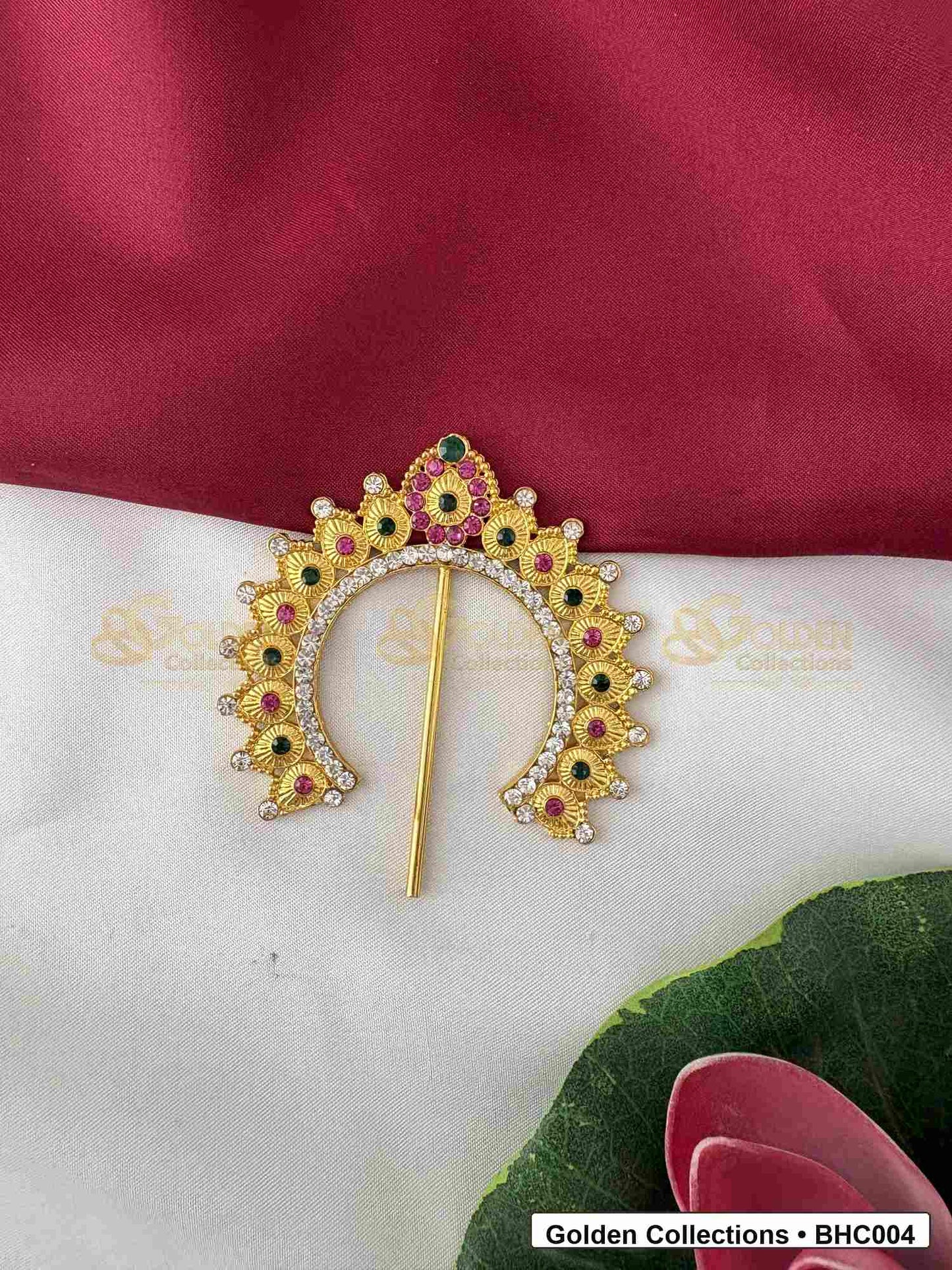 Front view of Small Bharatanatyam Hair Crown for Dance Costume for Bharatanatyam dance hairstyle styling