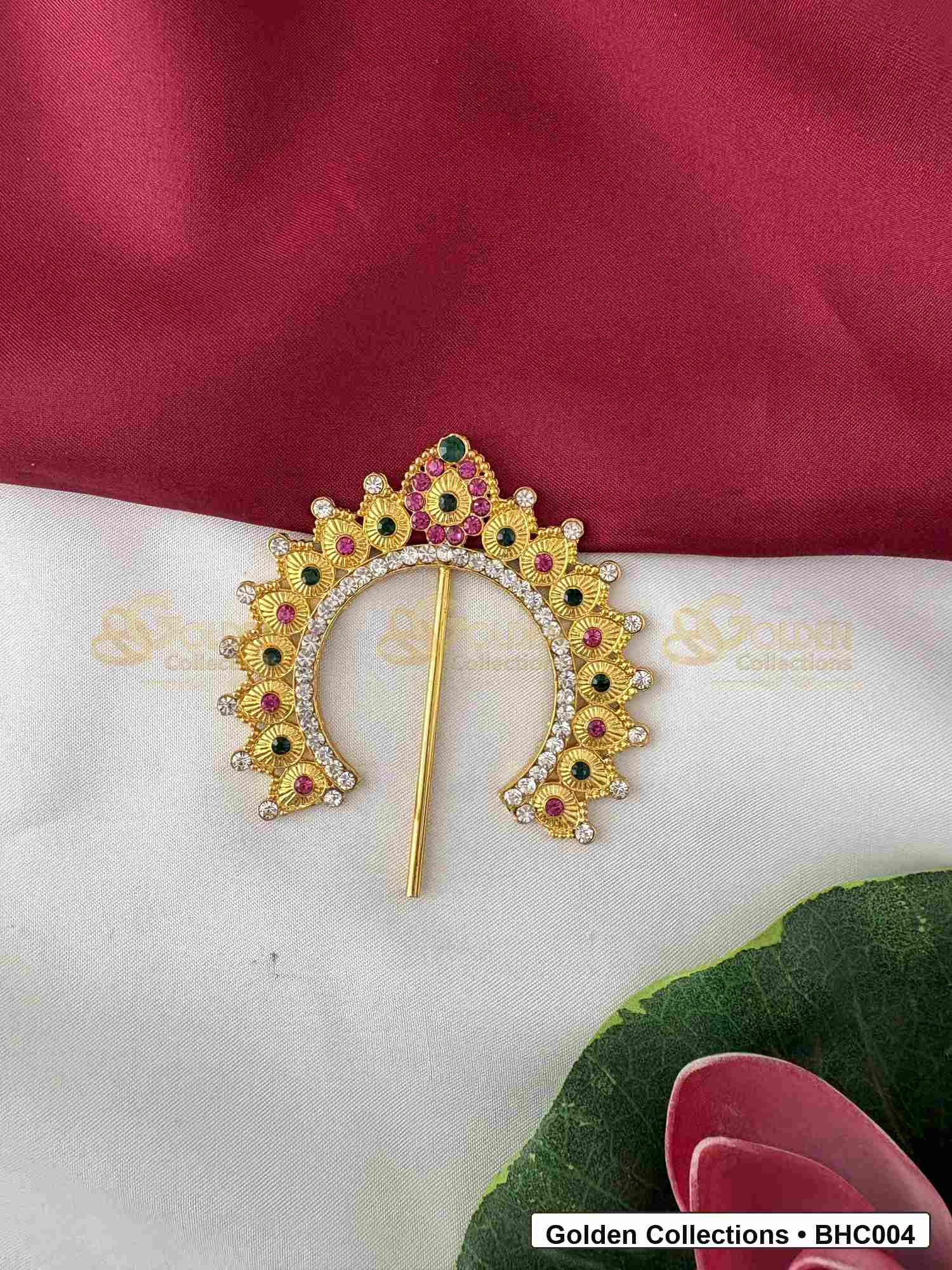 Front view of Small Bharatanatyam Hair Crown for Dance Costume for Bharatanatyam dance hairstyle styling
