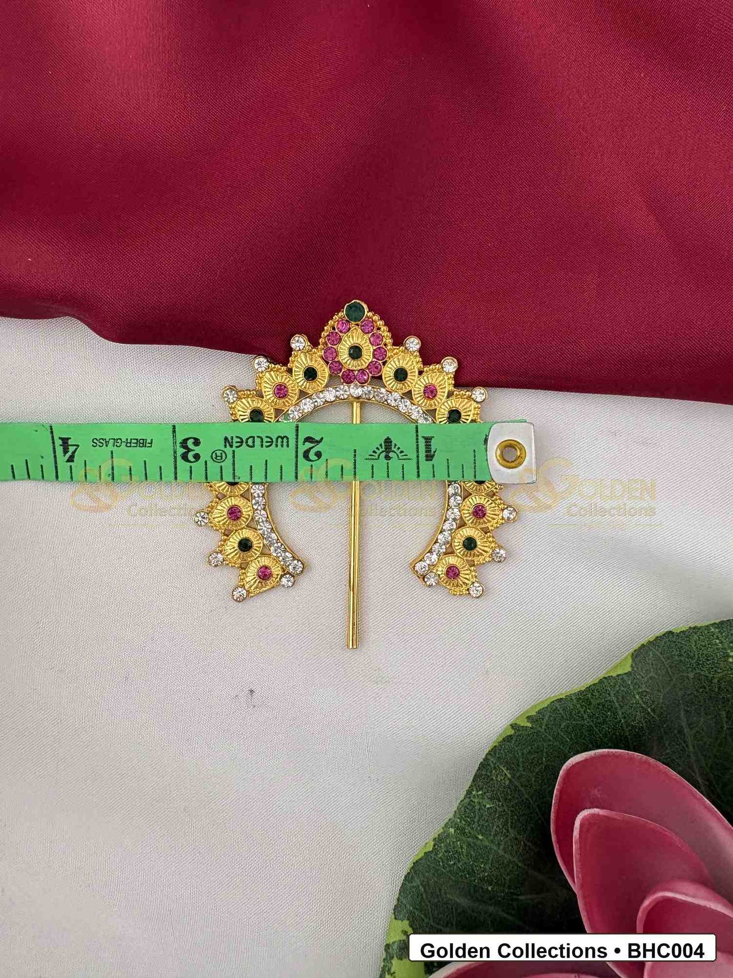 Side or detail view of Small Bharatanatyam Hair Crown for Dance Costume showing crown shape and pinning reference