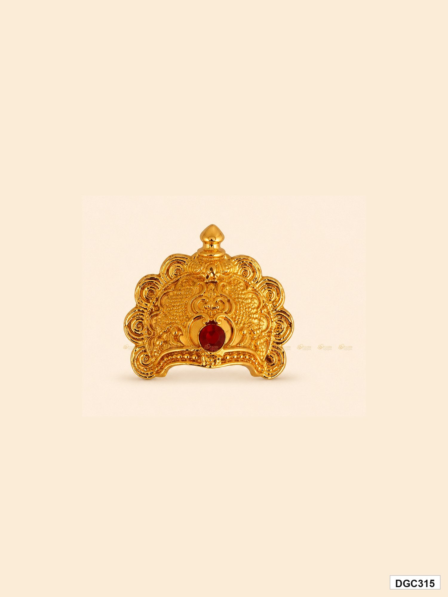 Small deity arch crown mukut with red stone and gold plating for idol alankaram