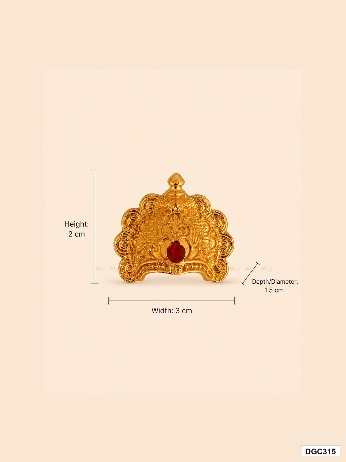 Measurement photo showing DGC315 small deity crown size 2 cm height, 3 cm width and 1.5 cm depth for idol alankaram