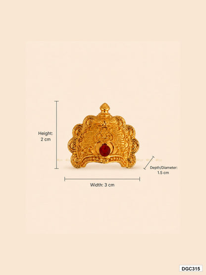 Measurement photo showing DGC315 small deity crown size 2 cm height, 3 cm width and 1.5 cm depth for idol alankaram
