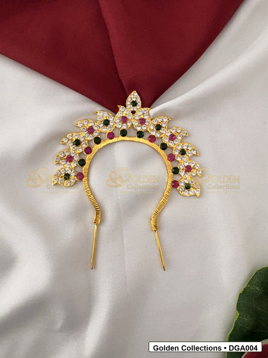 Front view of Small Deity Arch for Idol Alankaram showing gold-plated arch shape with red, green and white stone accents