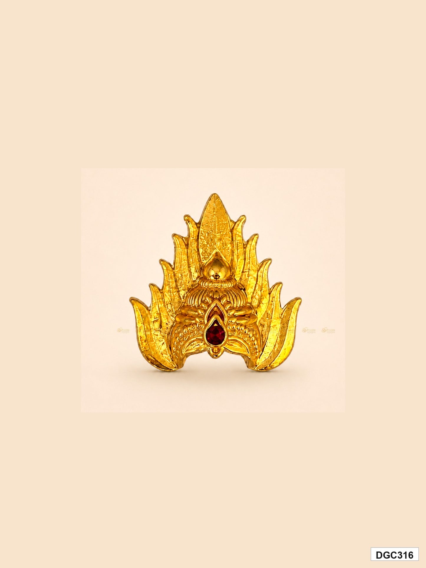 Small deity jwala crown mukut with red stone and gold plating for idol alankaram