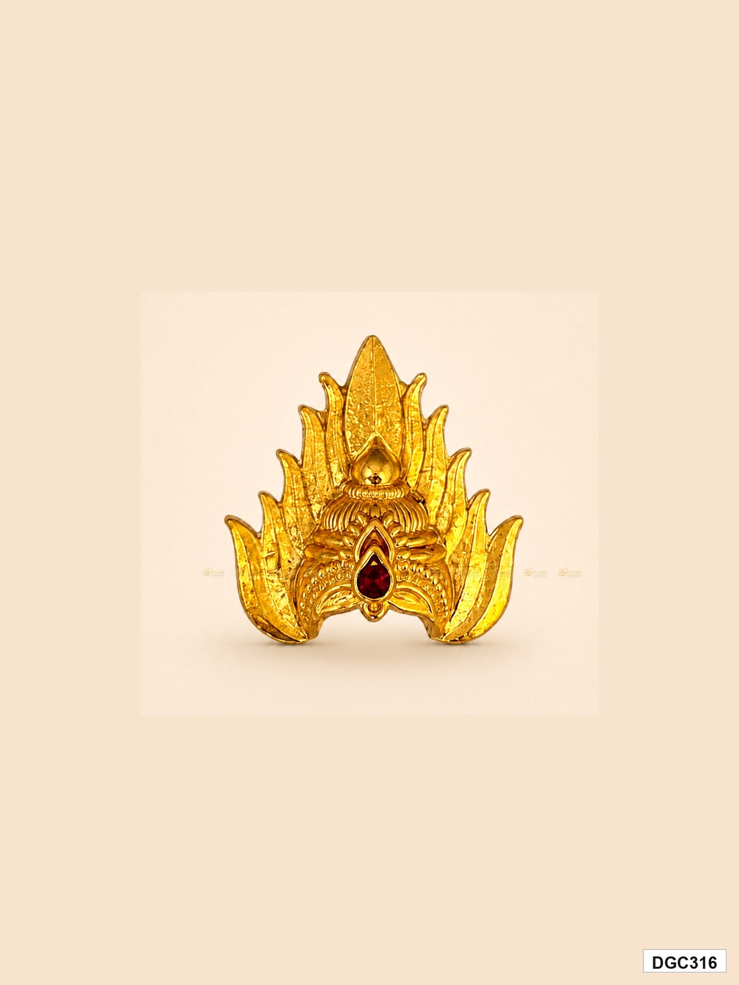 Small deity jwala crown mukut with red stone and gold plating for idol alankaram