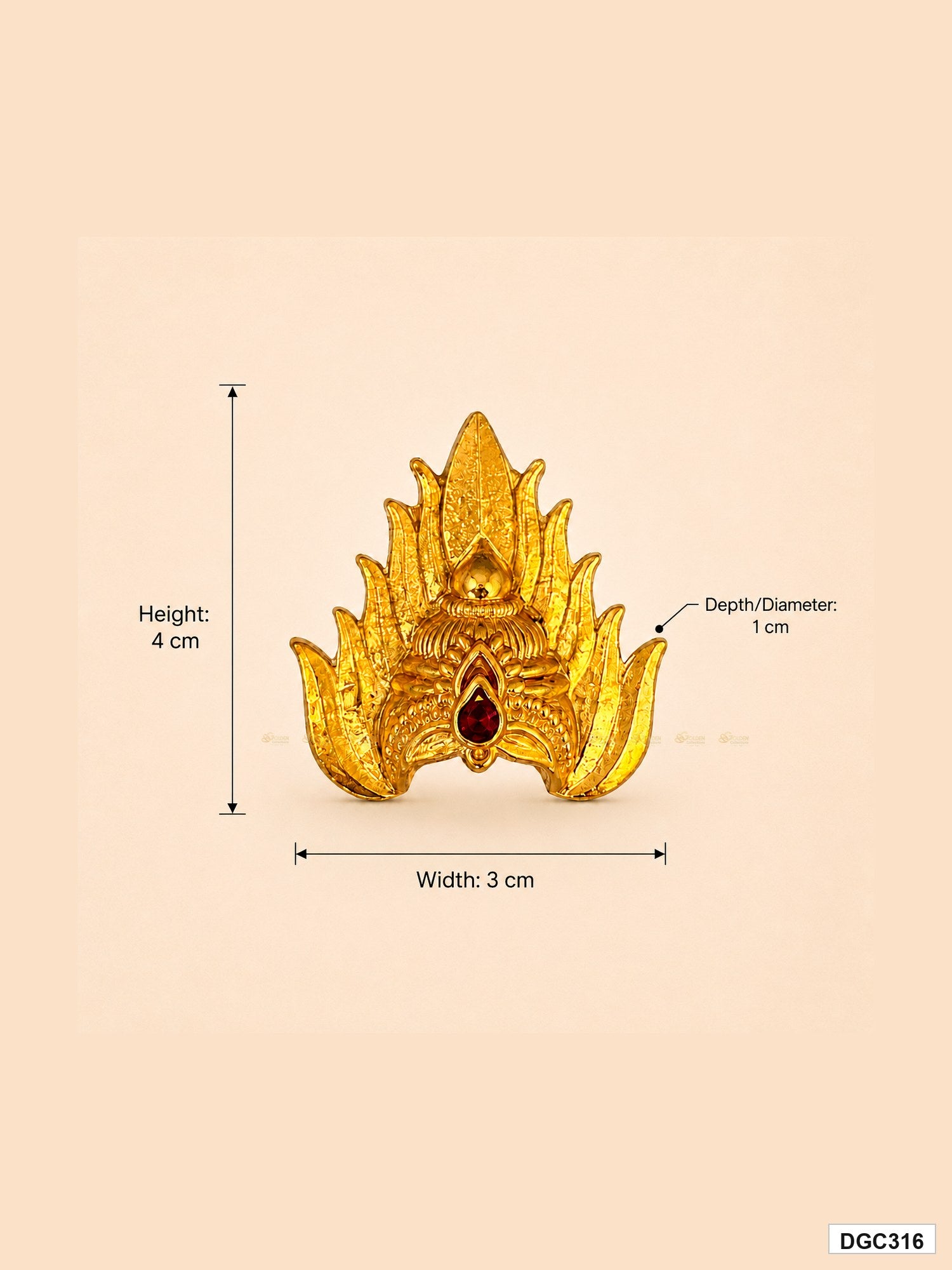 Measurement photo showing DGC316 small deity crown size 4 cm height, 3 cm width and 1 cm depth for idol alankaram