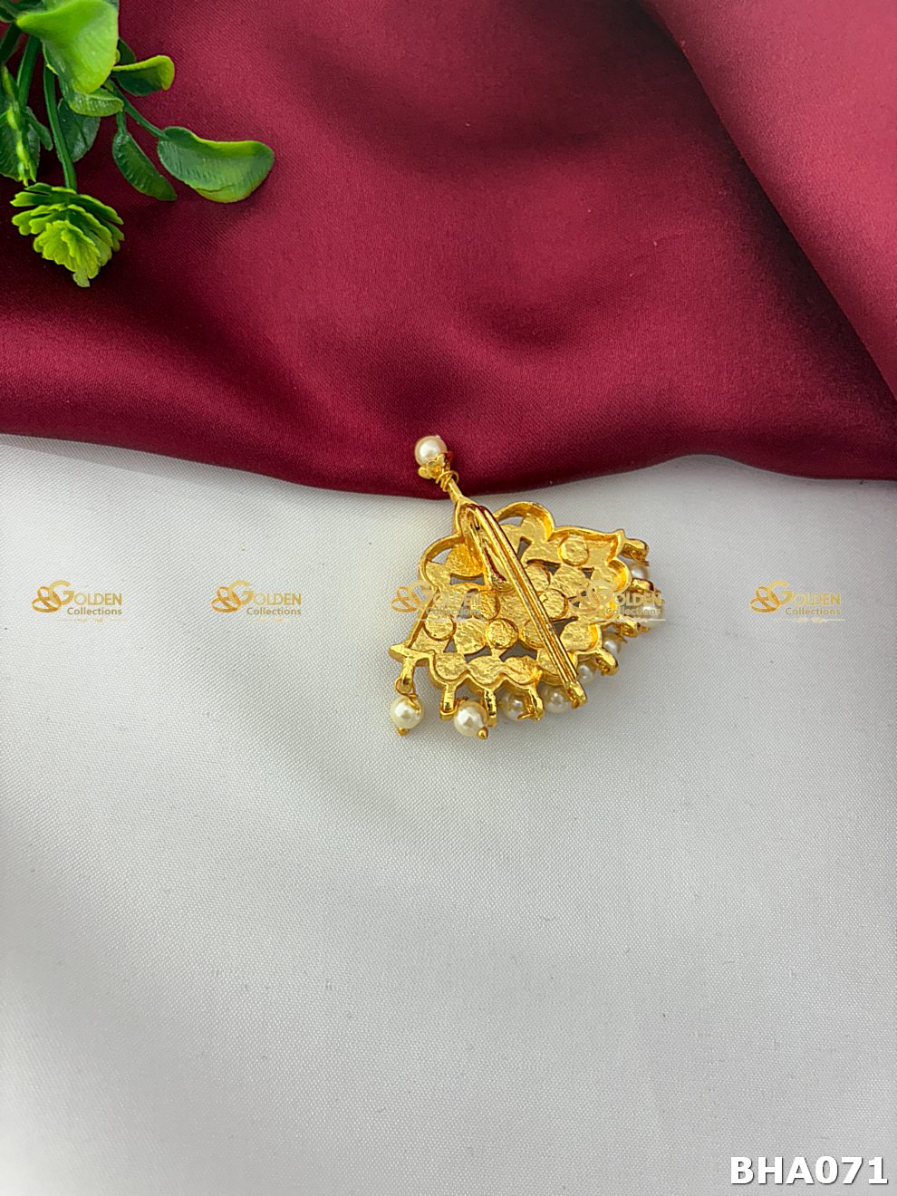 Side or detail view of Small Kemp Bharatanatyam Hair Crown Rakodi showing crown shape and pinning reference