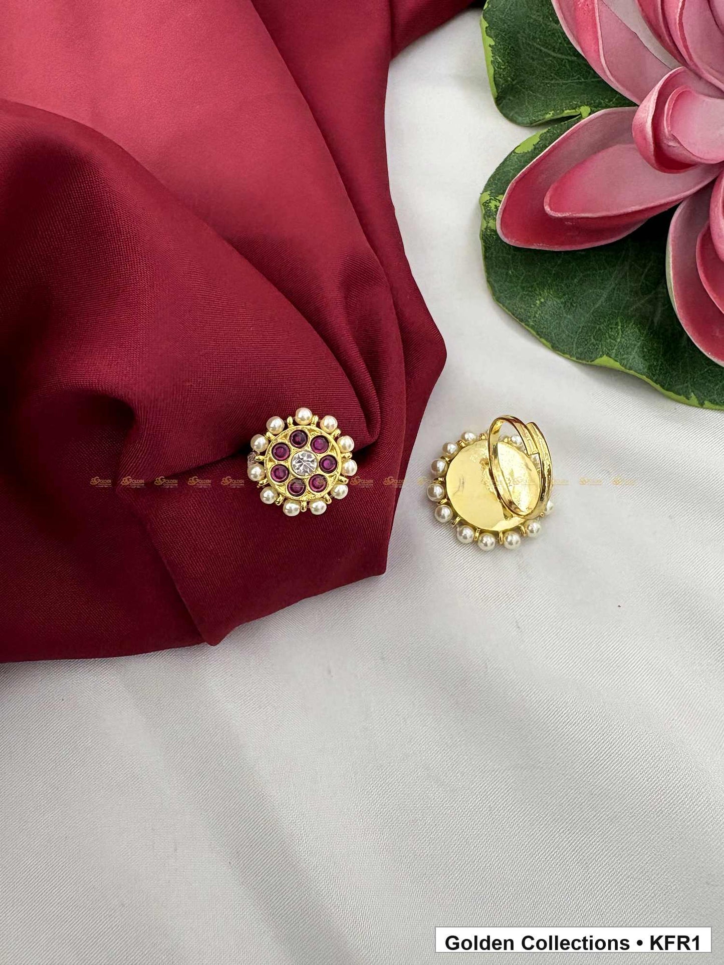 Front view of Small Real Kemp Finger Ring with Red Green Stones from Golden Collections