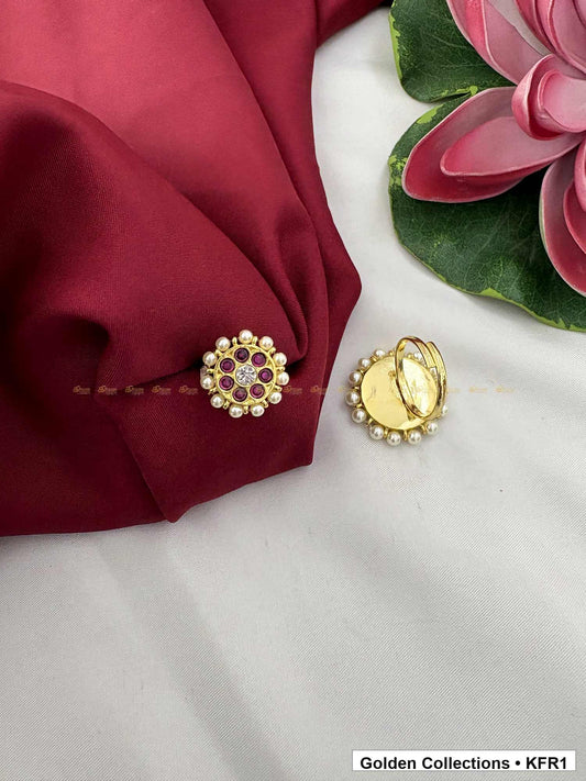 Front view of Small Real Kemp Finger Ring with Red Green Stones from Golden Collections