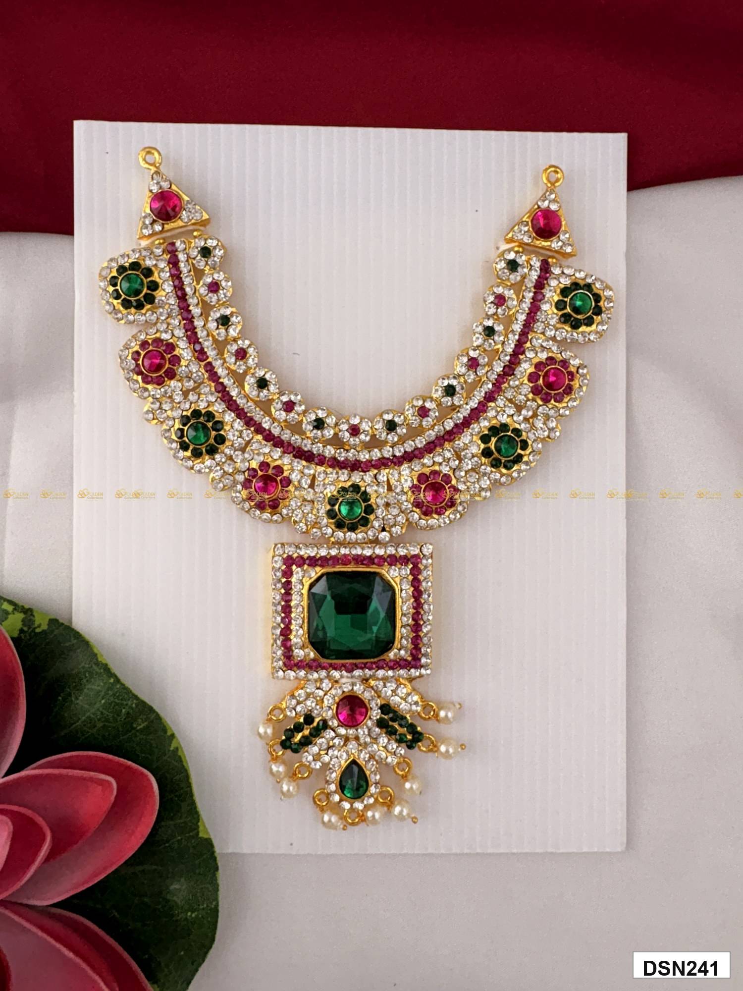 Front view of deity short haram with multicolor stones and gold plating for idol alankaram