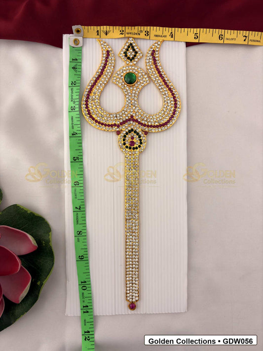 Measurement photo showing 11 x 4 Inches stone work trishul for idol alankaram with measuring tape for idol alankaram