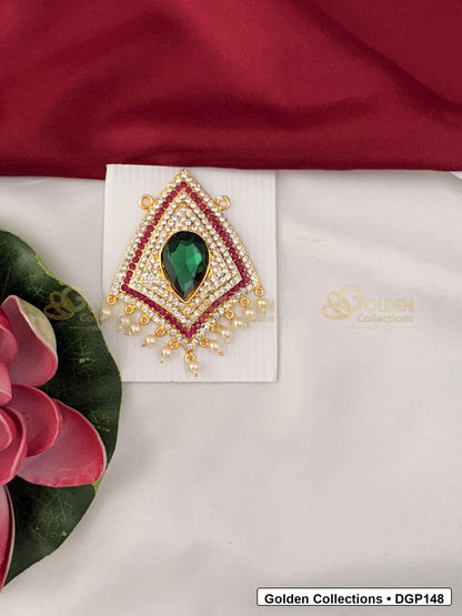 Teardrop Green Stone Deity Pendant for Idol Alankaram front view showing teardrop shaped deity pendant with central green stone, red and clear stone borders, pearl-style bead edge and gold-tone setting for idol alankaram