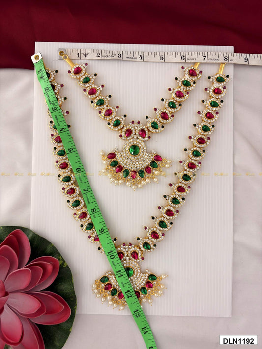 Measurement photo of deity long haram set with measuring tape for idol alankaram size reference