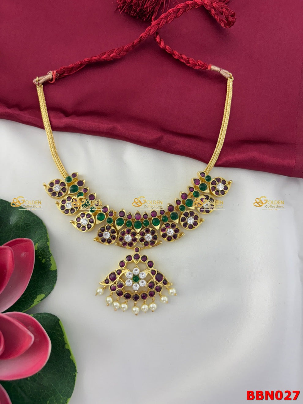 Kemp Short Mango Necklace Set with vibrant stones. Authentic temple jewellery for Bharatanatyam, Kuchipudi, Arangetram & South Indian weddings.