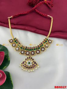 Real Kemp Mango Short Necklace for Bharatanatyam and Kuchipudi BBN027 with red-green kemp stones