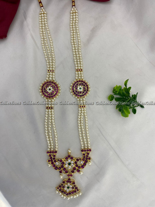 Real Kemp Pearl Long Haram for Bharatanatyam and Kuchipudi BBN030 with red-green kemp stones with pearl accents