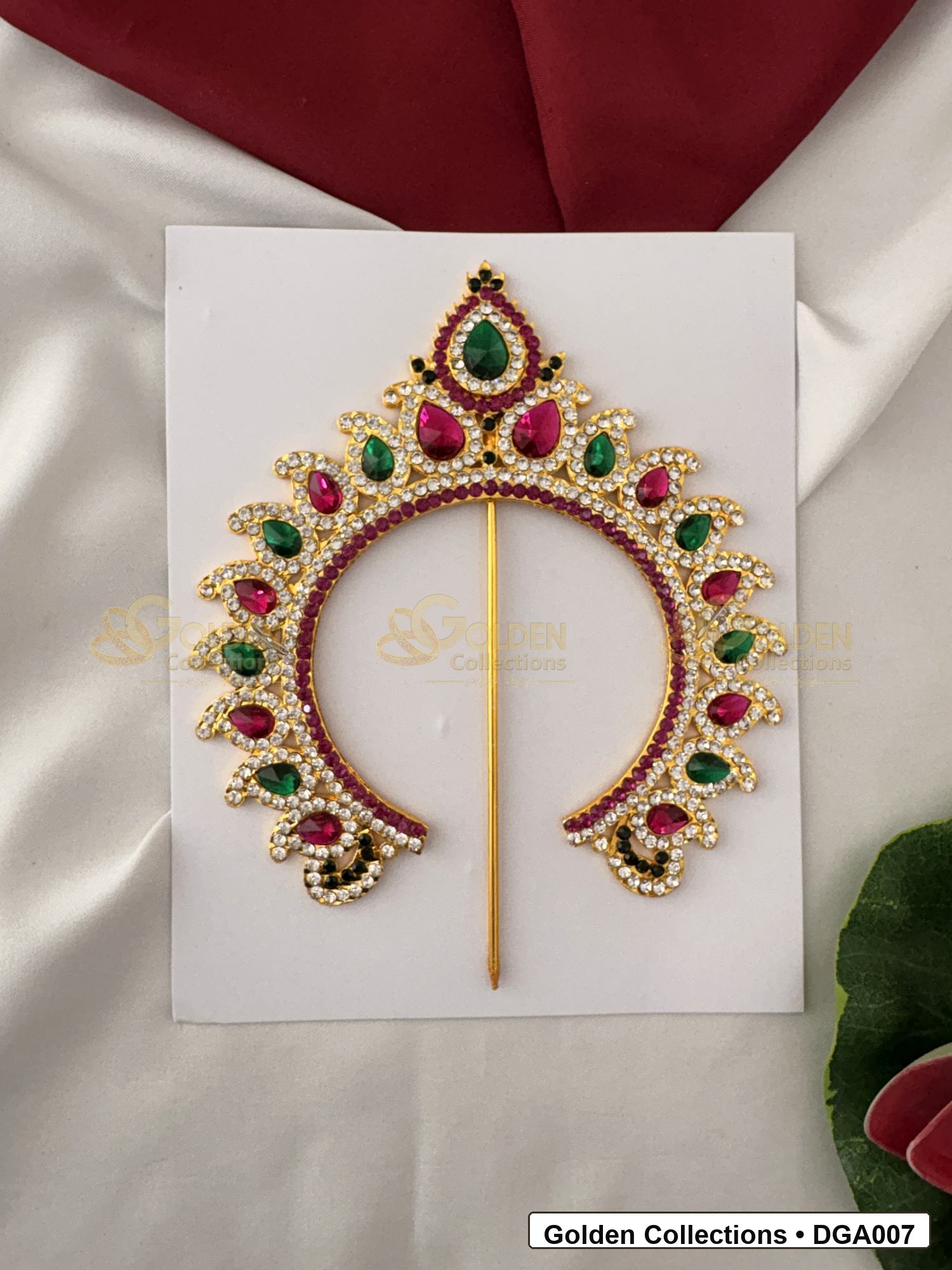 Front view of Temple Style Deity Arch for Idol Alankaram showing gold-plated arch shape with red, green and white stone accents