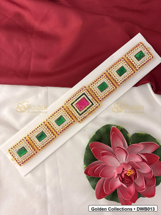 Front view of Temple Style Deity Waist Belt Vaddanam for Idols showing gold-plated vaddanam-style waist belt design with stone detailing