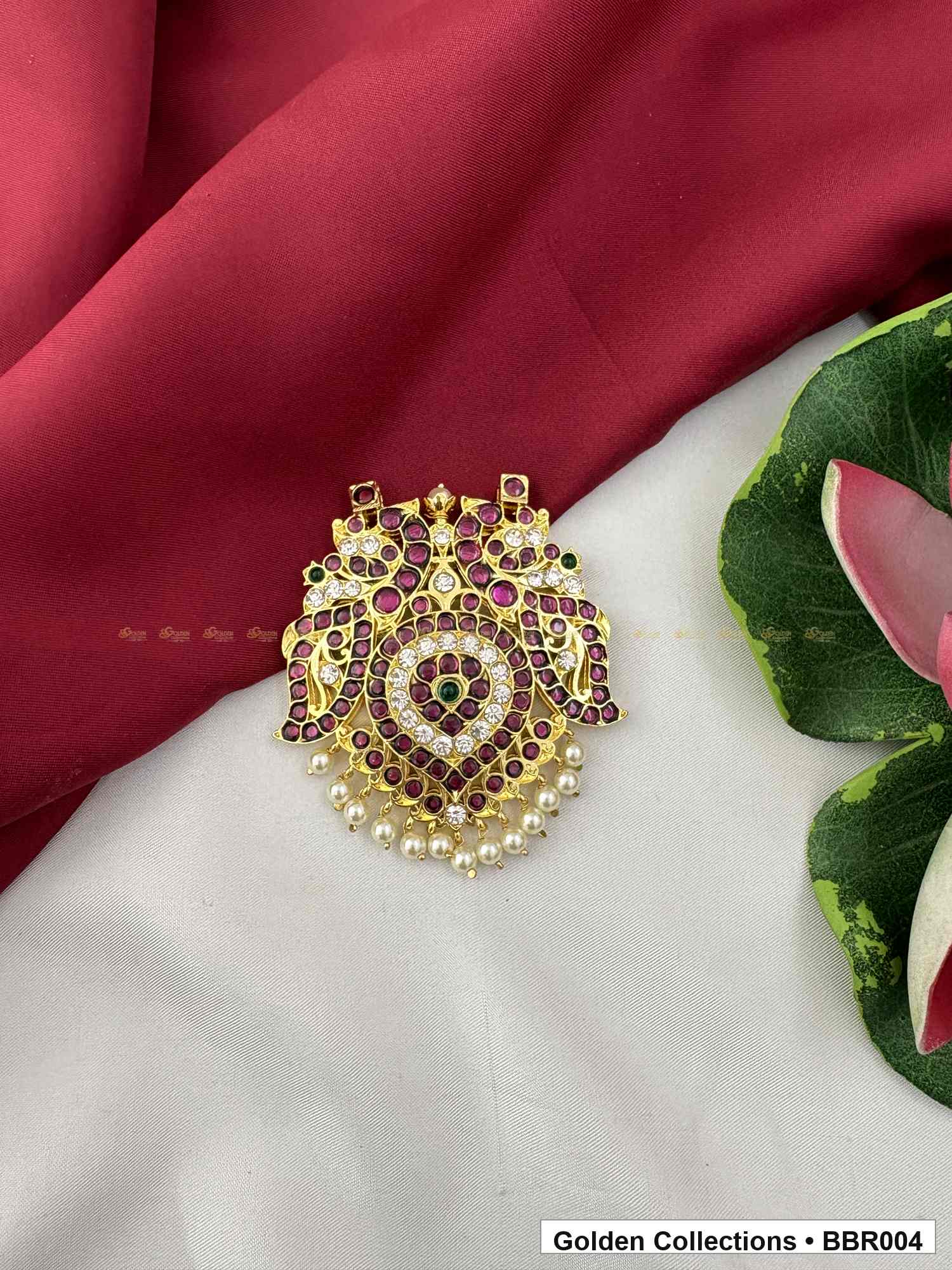 Front view of Temple Style Real Kemp Rakodi with Pearl Drops from Golden Collections