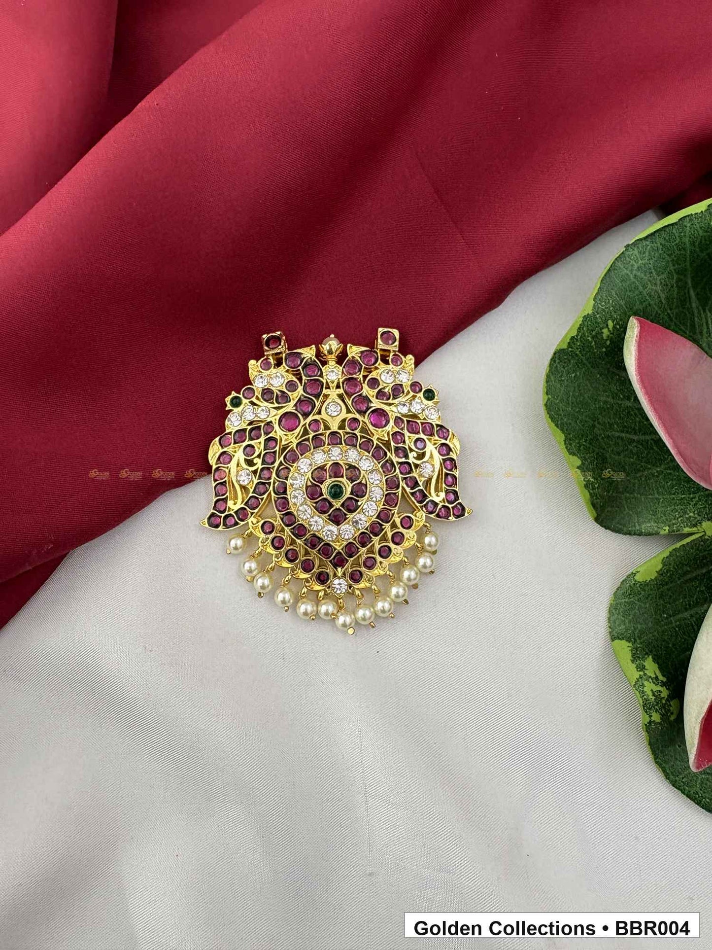 Angled product view of Temple Style Real Kemp Rakodi with Pearl Drops from Golden Collections