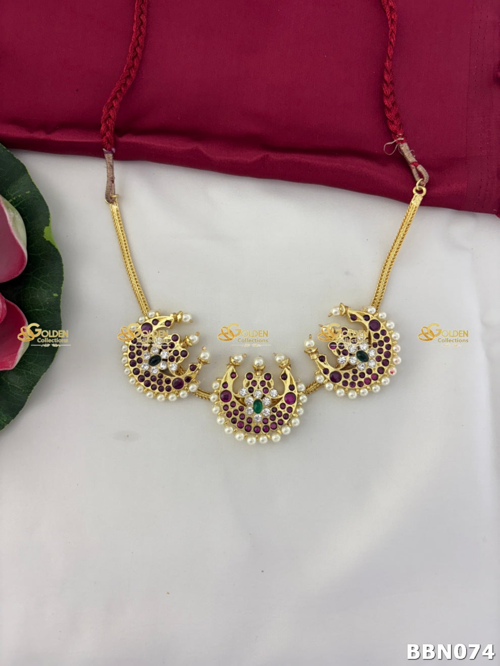 Triple Chandbali Kemp Necklace with Pearls | Temple Jewellery