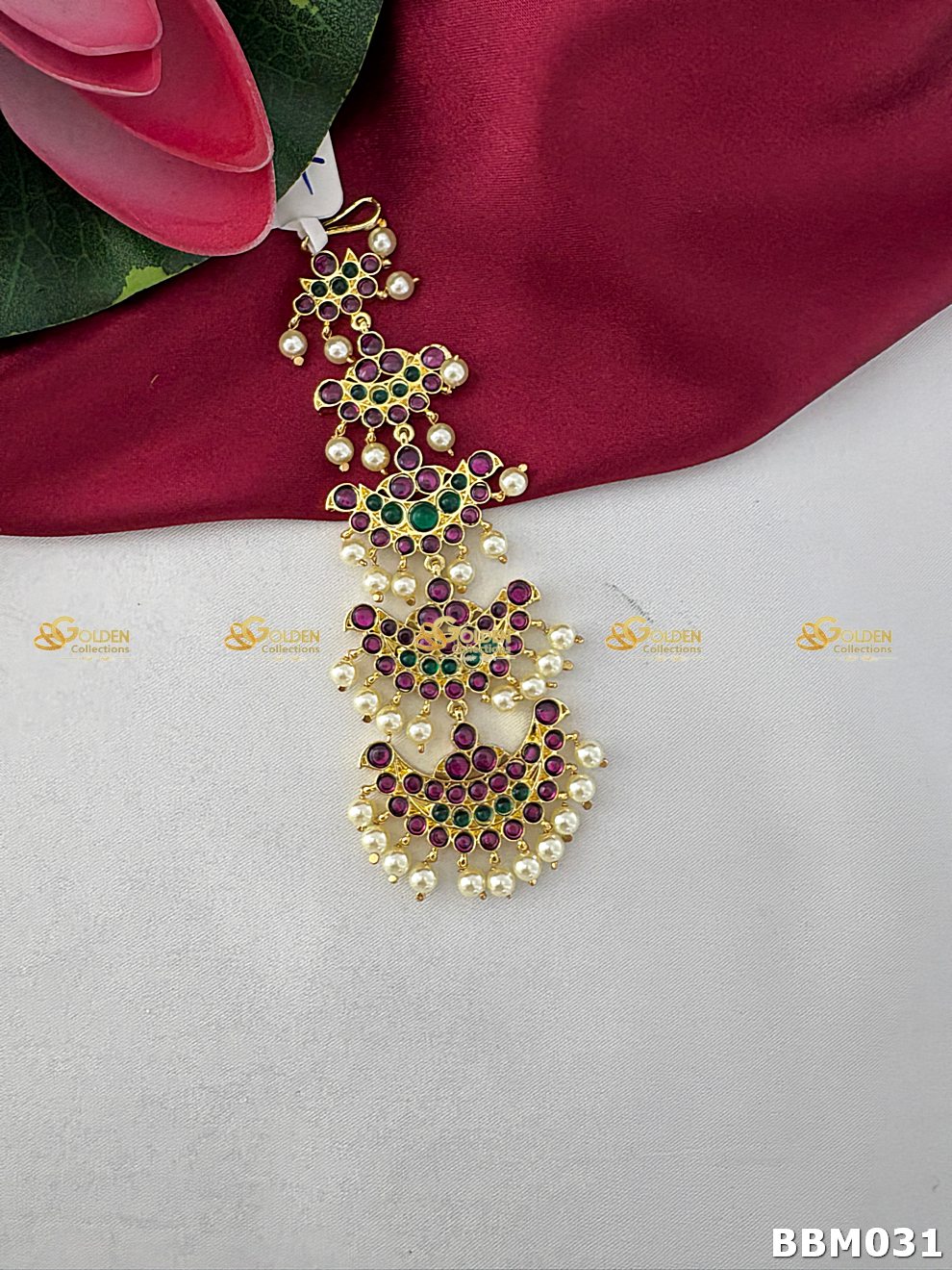 Triple layer Kemp pearl Bharatanatyam maangtikka with red and green stones, temple design and pearl hangings