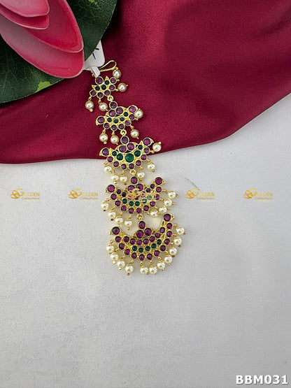 Triple layer Kemp pearl Bharatanatyam maangtikka with red and green stones, temple design and pearl hangings