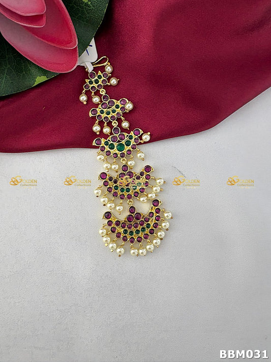 Real Kemp Nethi Chutti Maang Tikka for Bharatanatyam BBM031 with red-green kemp stones with pearl accents