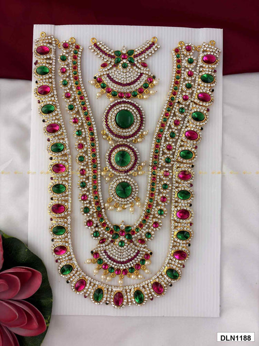 Front view of deity chest long haram with multicolor stones and gold plating for idol alankaram