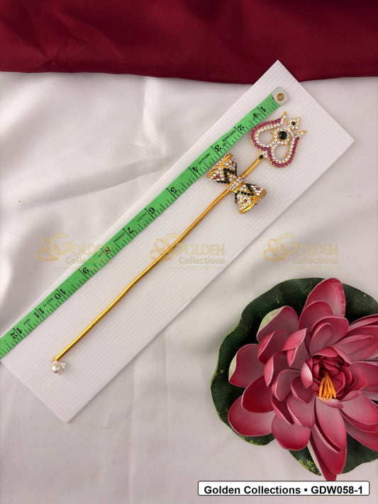 Measurement photo showing 12 Inches trishul with damaru for idol alankaram with measuring tape for idol alankaram