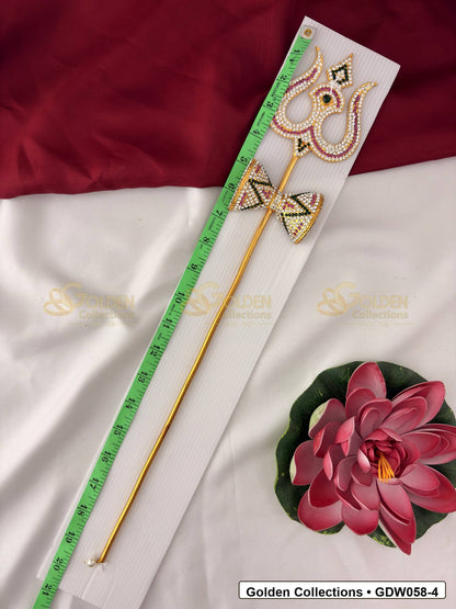 Measurement photo showing 19 Inches trishul with damaru for idol alankaram with measuring tape for idol alankaram