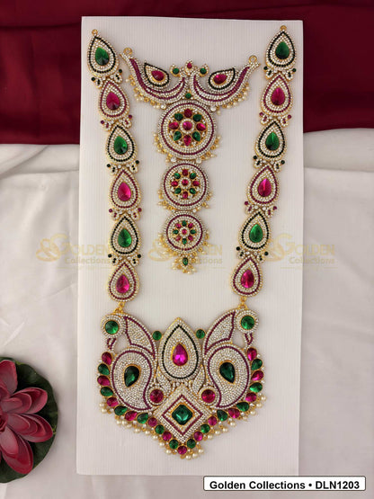 Front view of Two Layer Deity Haram Set with Multicolor Stones for Idols showing gold-plated deity haram styling with multicolor stone work