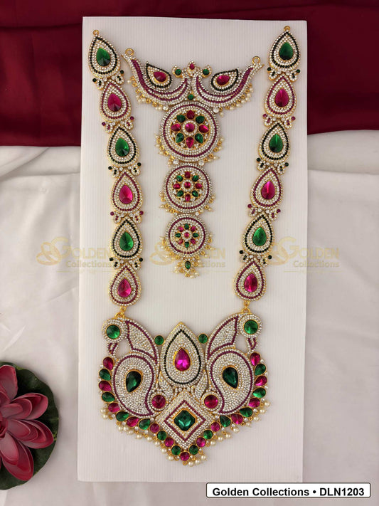 Front view of Two Layer Deity Haram Set with Multicolor Stones for Idols showing gold-plated deity haram styling with multicolor stone work