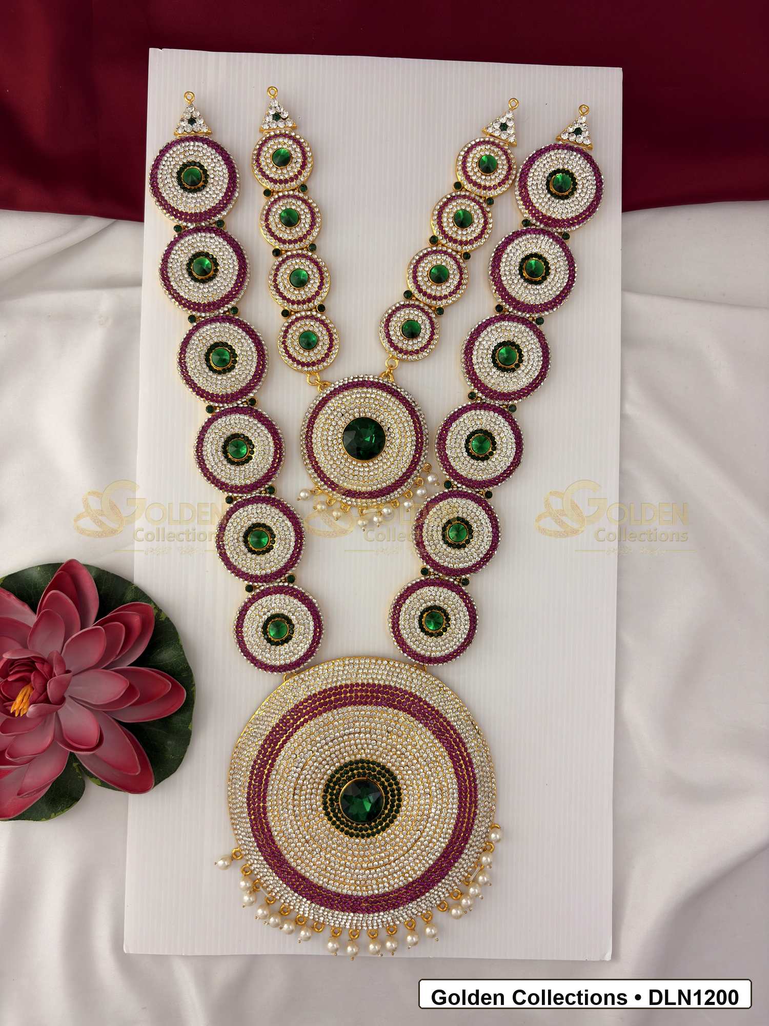 Front view of Two Step Deity Long Haram Set with Multicolor Stones for Idols showing gold-plated deity haram styling with multicolor stone work