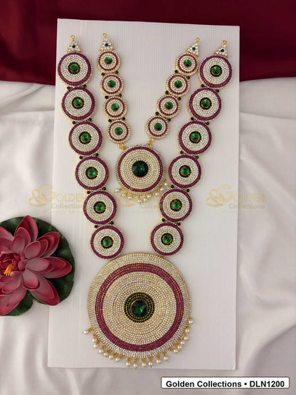 Front view of Two Step Deity Long Haram Set with Multicolor Stones for Idols showing gold-plated deity haram styling with multicolor stone work