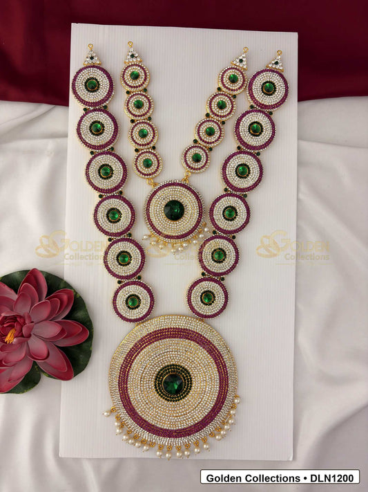 Front view of Two Step Deity Long Haram Set with Multicolor Stones for Idols showing gold-plated deity haram styling with multicolor stone work