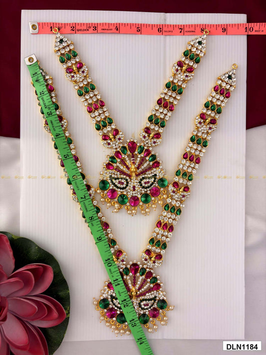 Measurement photo of deity long haram set with measuring tape for idol alankaram size reference