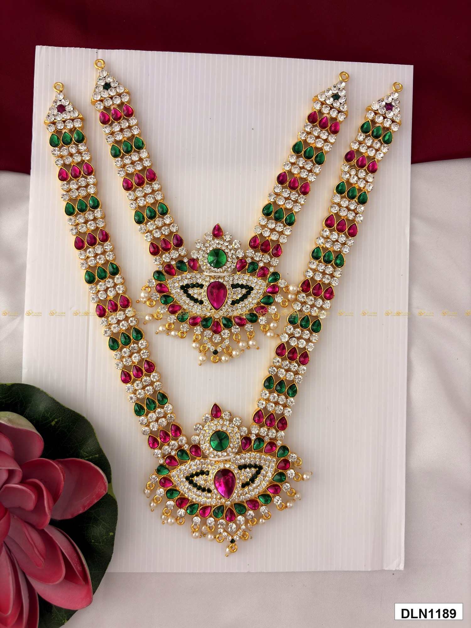 Measurement photo of deity long haram set with measuring tape for idol alankaram size reference