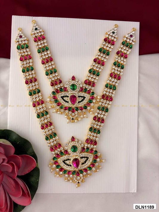 Measurement photo of deity long haram set with measuring tape for idol alankaram size reference